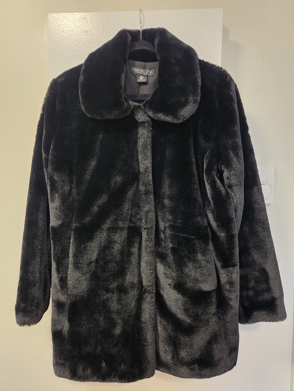 Rachel Zoe Black Faux Fur Hidden Snap Coat Medium Like New RN 75343